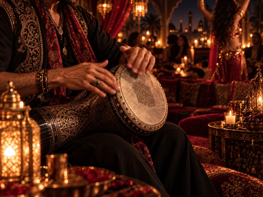 Illustration einer live gespielten Darbuka im Laternenlicht