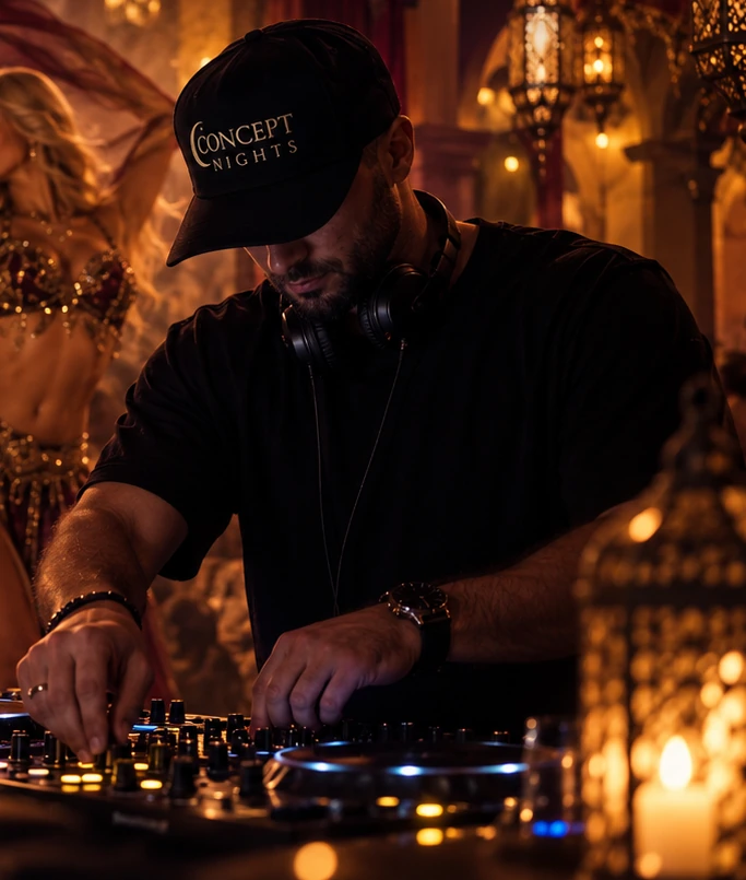 DJ im schwarzen Shirt mit Concept-Nights-Cap – KI-Stimmungsbild